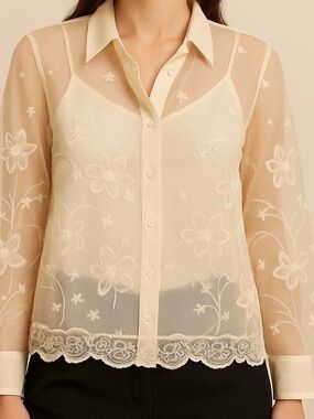 Vintage San Andre twin set satin tank top organza blouse embroidered cream large